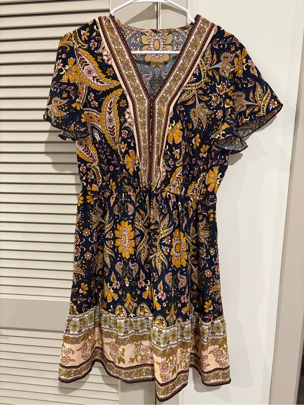 Cupshe Women’s Floral Paisley V-Neck Short Dress in Navy and Mustard* Sz. Large
